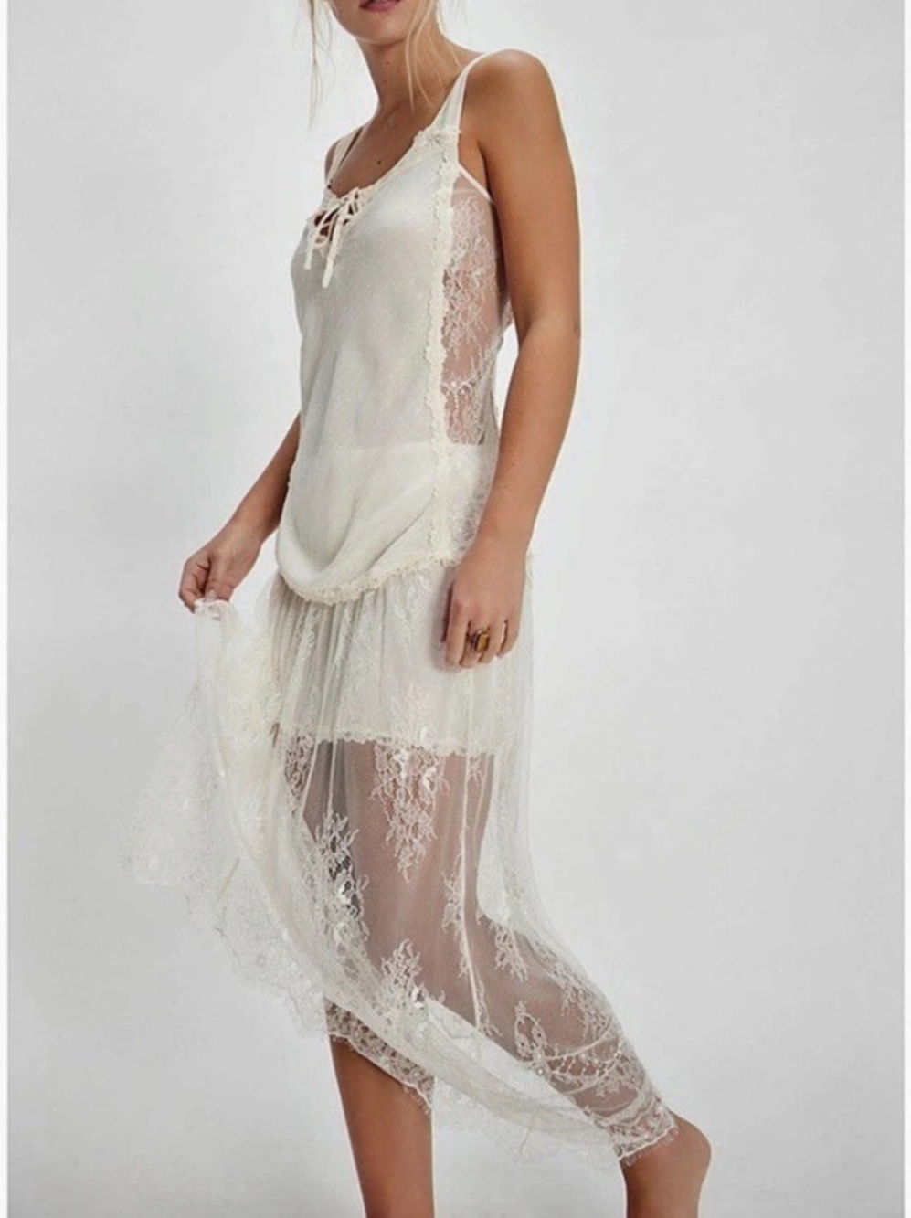 Free People Together Again Slip Skirt Set Lace Maxi Dress in White Size XS NWT